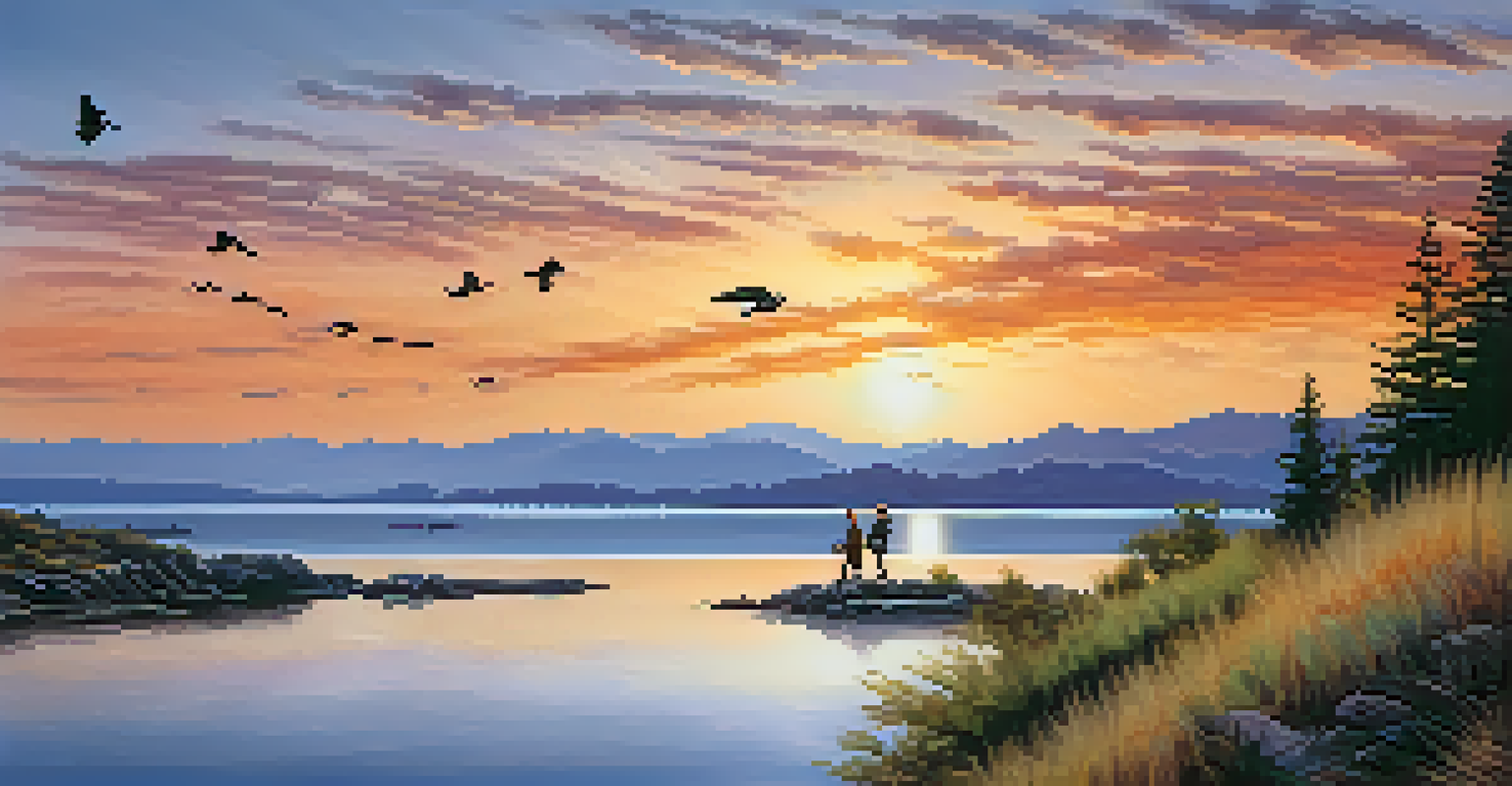 A scenic sunset view along the waterfront of Bair Island with a person walking their dog.