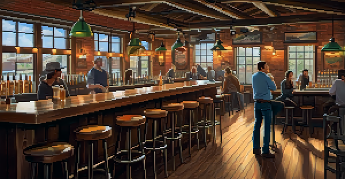 A lively brewery interior with wooden beams, warm lighting, and a bartender serving a flight of craft beers.