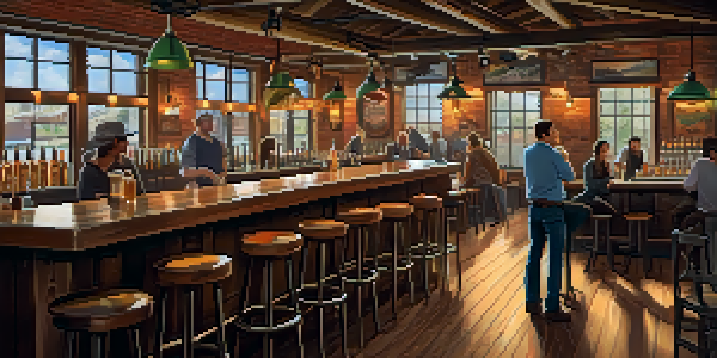 A lively brewery interior with wooden beams, warm lighting, and a bartender serving a flight of craft beers.