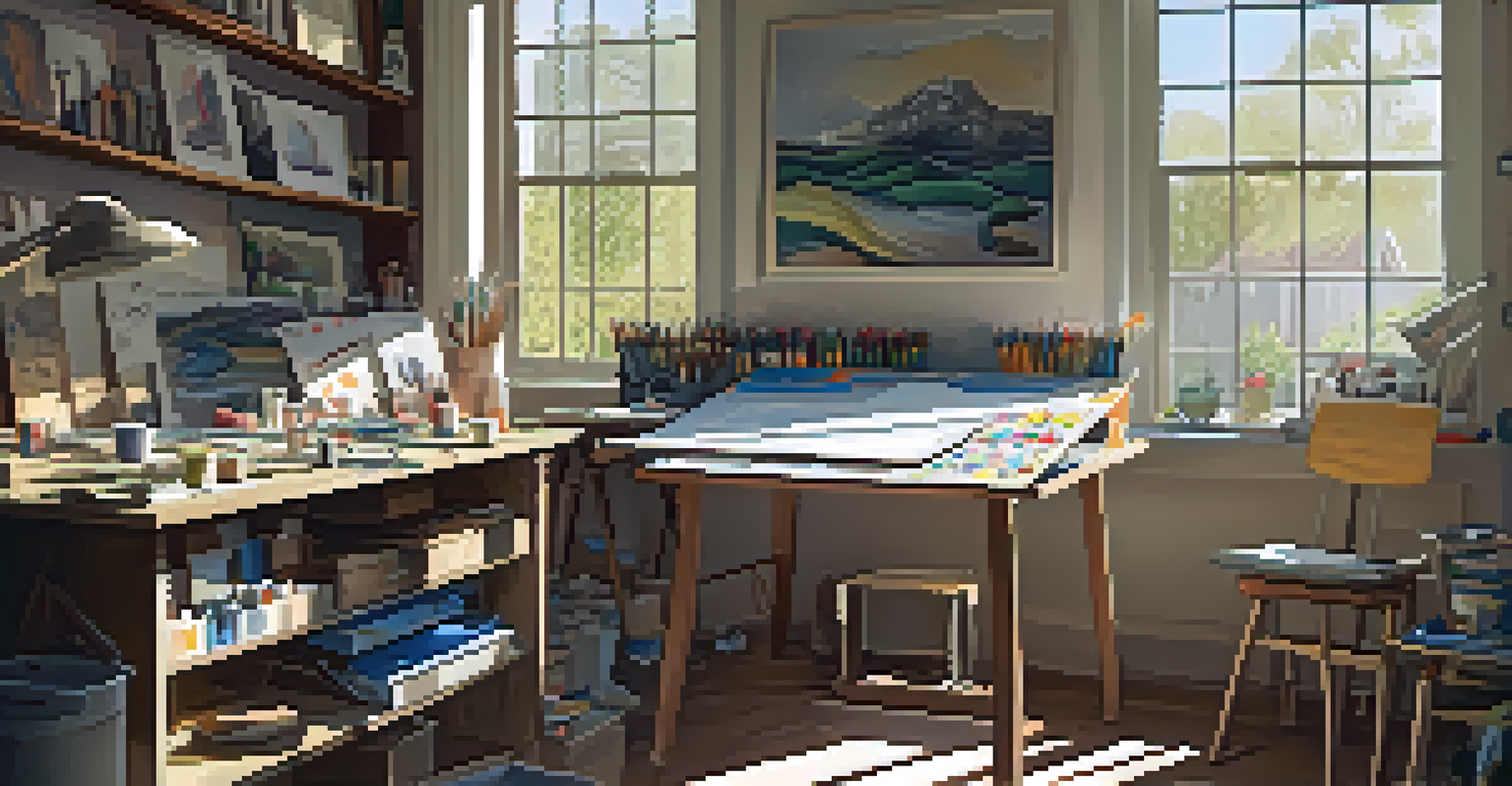 An artist's studio in Redwood City featuring unfinished canvases, art supplies, and a cozy atmosphere.