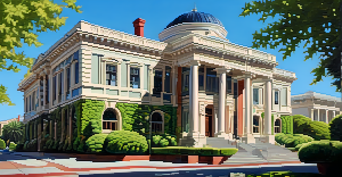 A beautiful view of the San Mateo County History Museum with lush greenery and a clear sky.