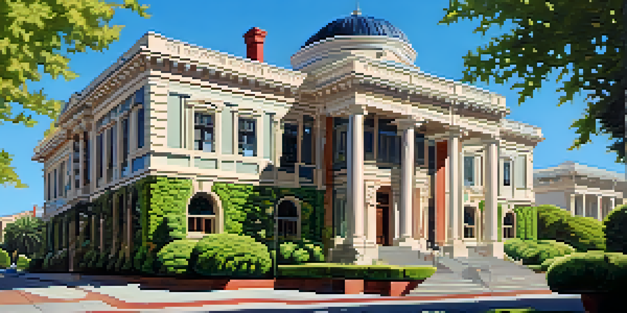 A beautiful view of the San Mateo County History Museum with lush greenery and a clear sky.