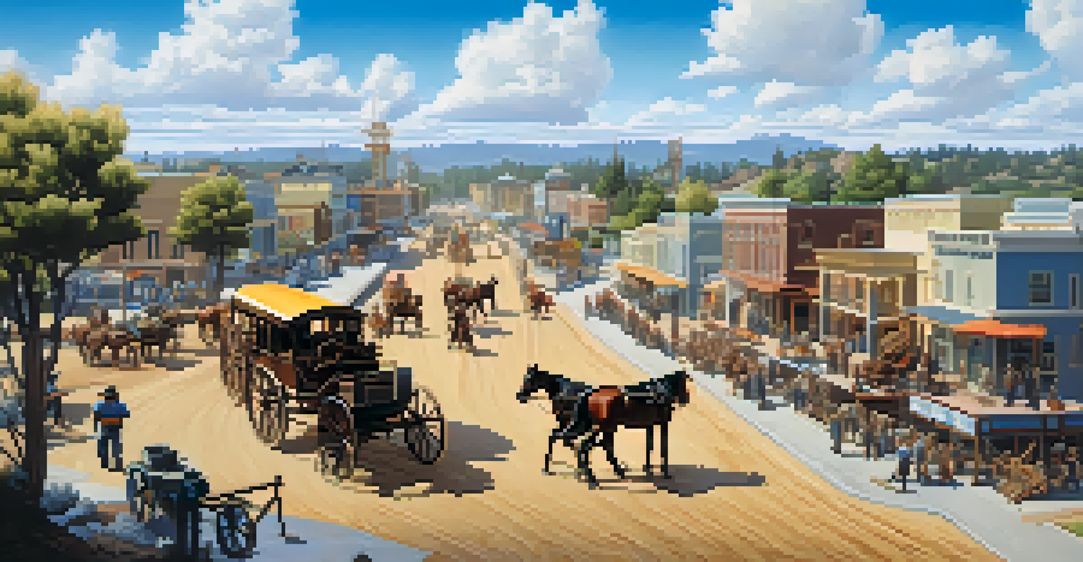 Workers building roads and structures in Redwood City, with stagecoaches and a bright blue sky overhead, showcasing development.