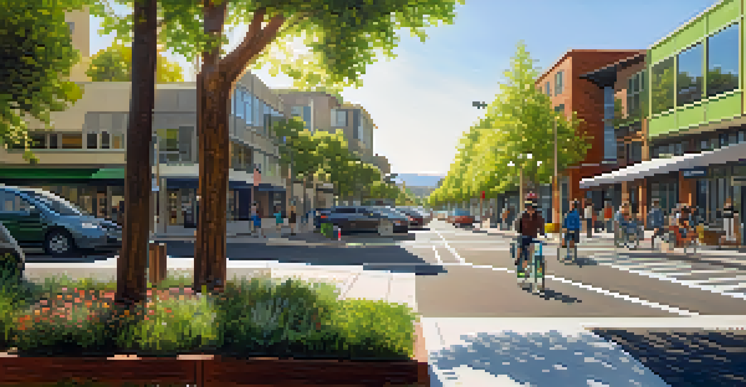 A busy street in Redwood City with green buildings, solar panels, and people using sustainable transportation.