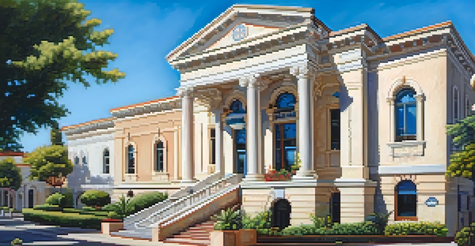 A scenic view of the Redwood City Courthouse with grand arches and decorative tiles, surrounded by greenery and flowers under a clear blue sky.