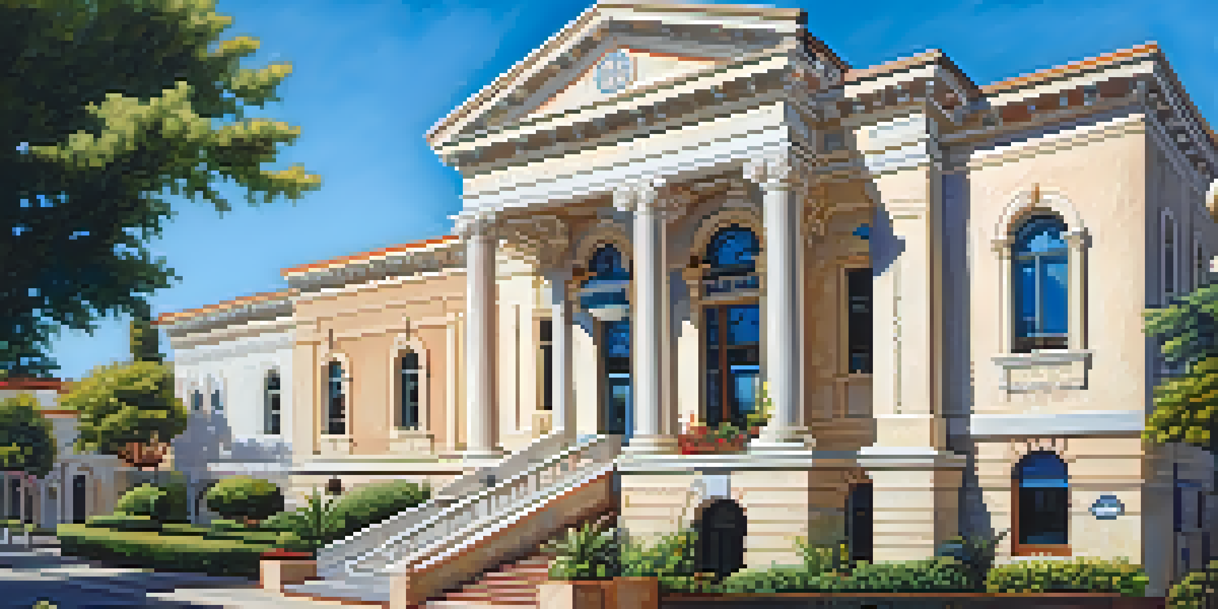A scenic view of the Redwood City Courthouse with grand arches and decorative tiles, surrounded by greenery and flowers under a clear blue sky.