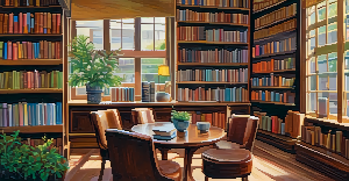 Interior of a cozy bookstore with wooden shelves, comfy chairs, and a coffee table surrounded by plants.