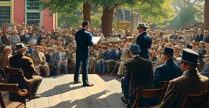 Hiram Johnson giving a speech at a town hall with a crowd of citizens, featuring early 20th century attire and architecture.