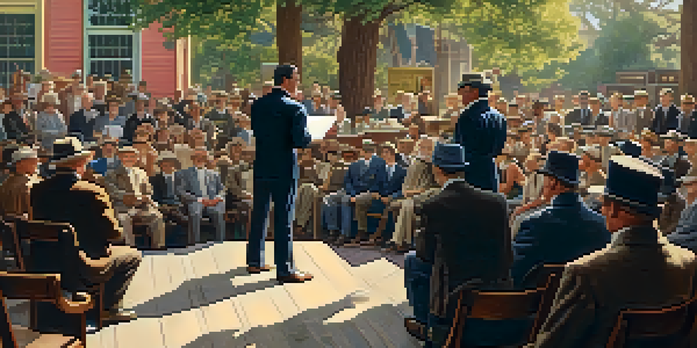 Hiram Johnson giving a speech at a town hall with a crowd of citizens, featuring early 20th century attire and architecture.