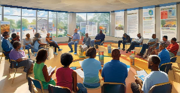 A lively community meeting where diverse residents discuss public safety initiatives in a bright and welcoming environment.