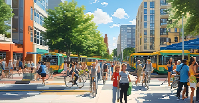 A lively urban neighborhood with mixed-use buildings, parks, and people enjoying the outdoors.