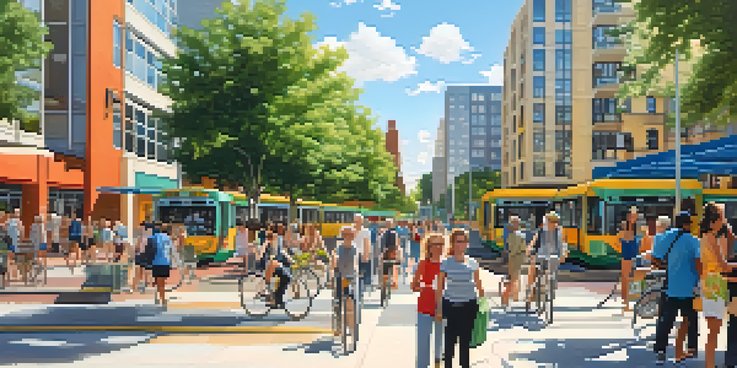 A lively urban neighborhood with mixed-use buildings, parks, and people enjoying the outdoors.