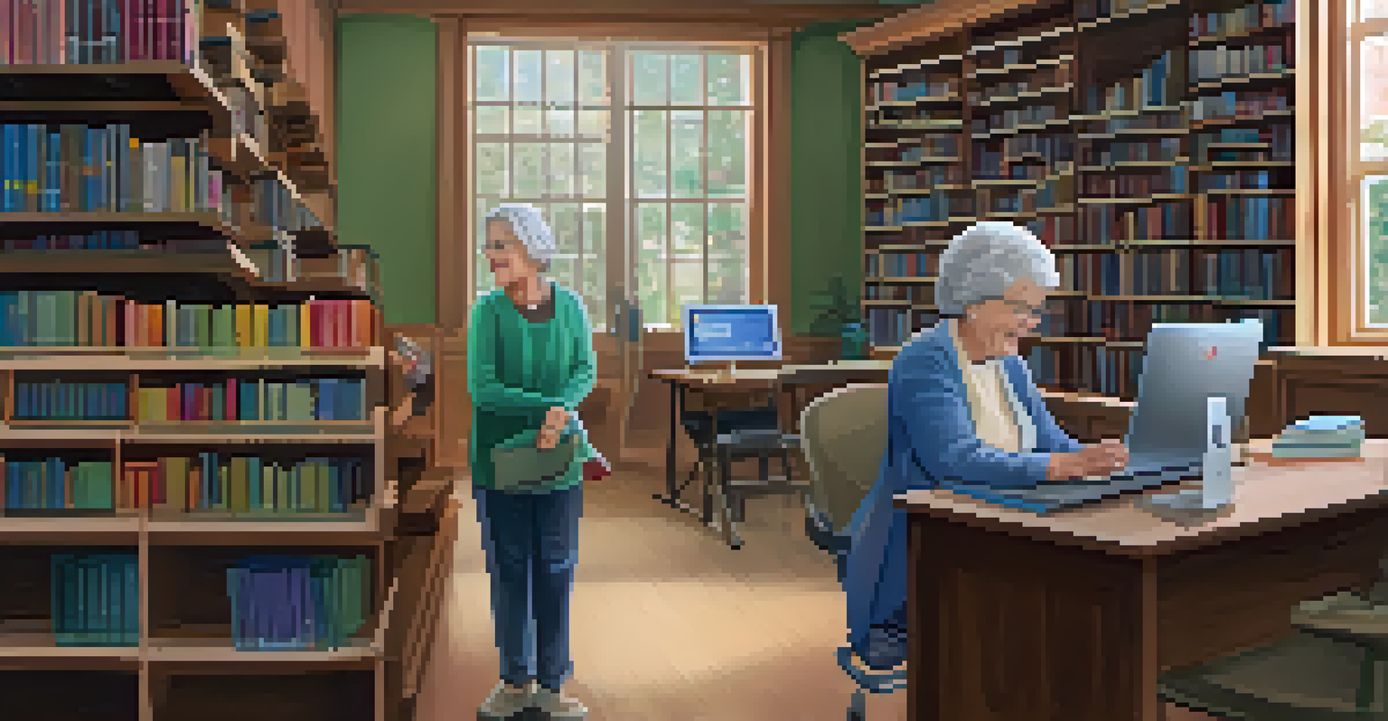 A senior woman receiving help from a volunteer in a library technology class, surrounded by books and computers.