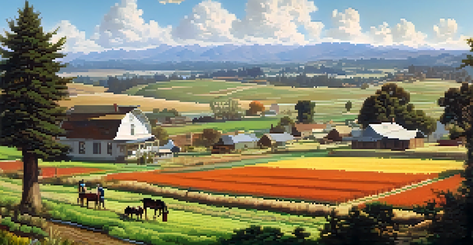 Historic view of Redwood City, featuring agricultural fields and a farmhouse, with farmers and horses, under a blue sky.