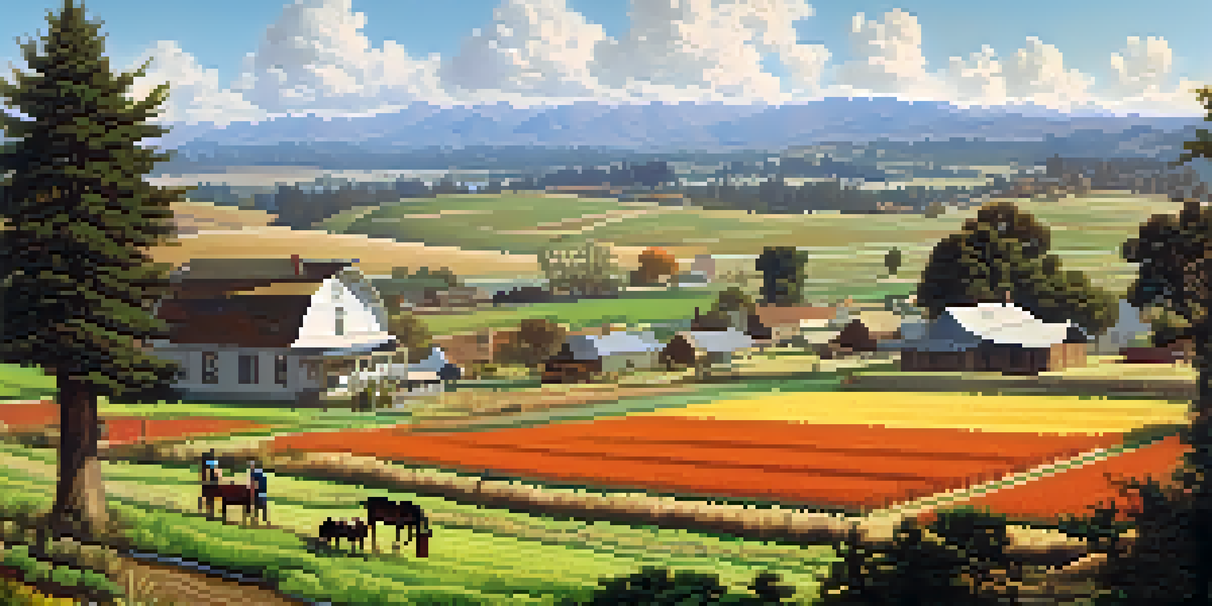 Historic view of Redwood City, featuring agricultural fields and a farmhouse, with farmers and horses, under a blue sky.