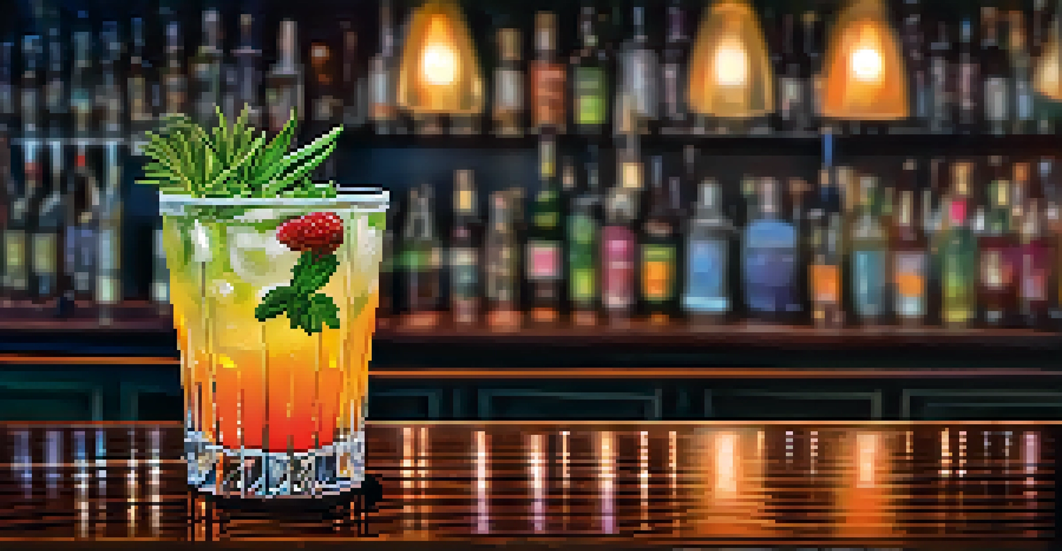 A creative cocktail displayed on a bar, featuring vibrant garnishes and soft ambient lighting for a cozy atmosphere.