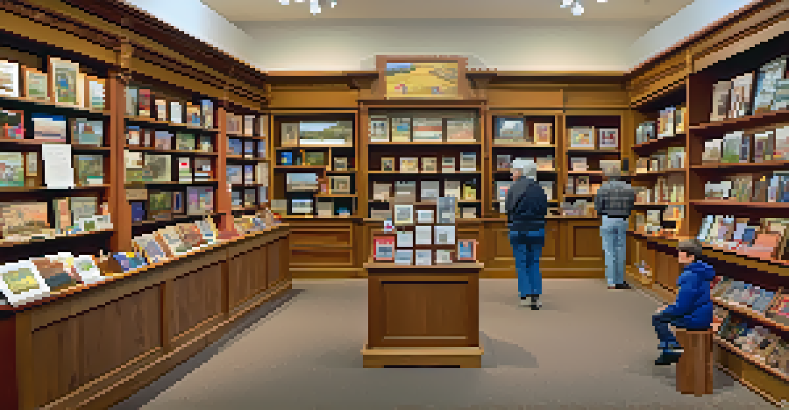 A cozy gift shop filled with unique keepsakes and souvenirs related to local history, with a family browsing and a child holding a small souvenir.