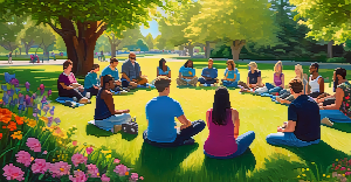 A diverse group of people sitting in a circle on the grass in a park, engaged in a community mental health workshop under a clear blue sky.