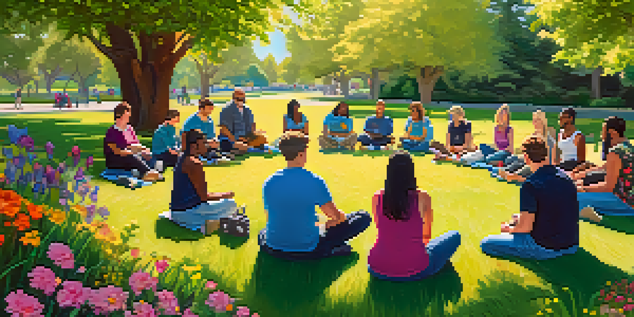 A diverse group of people sitting in a circle on the grass in a park, engaged in a community mental health workshop under a clear blue sky.