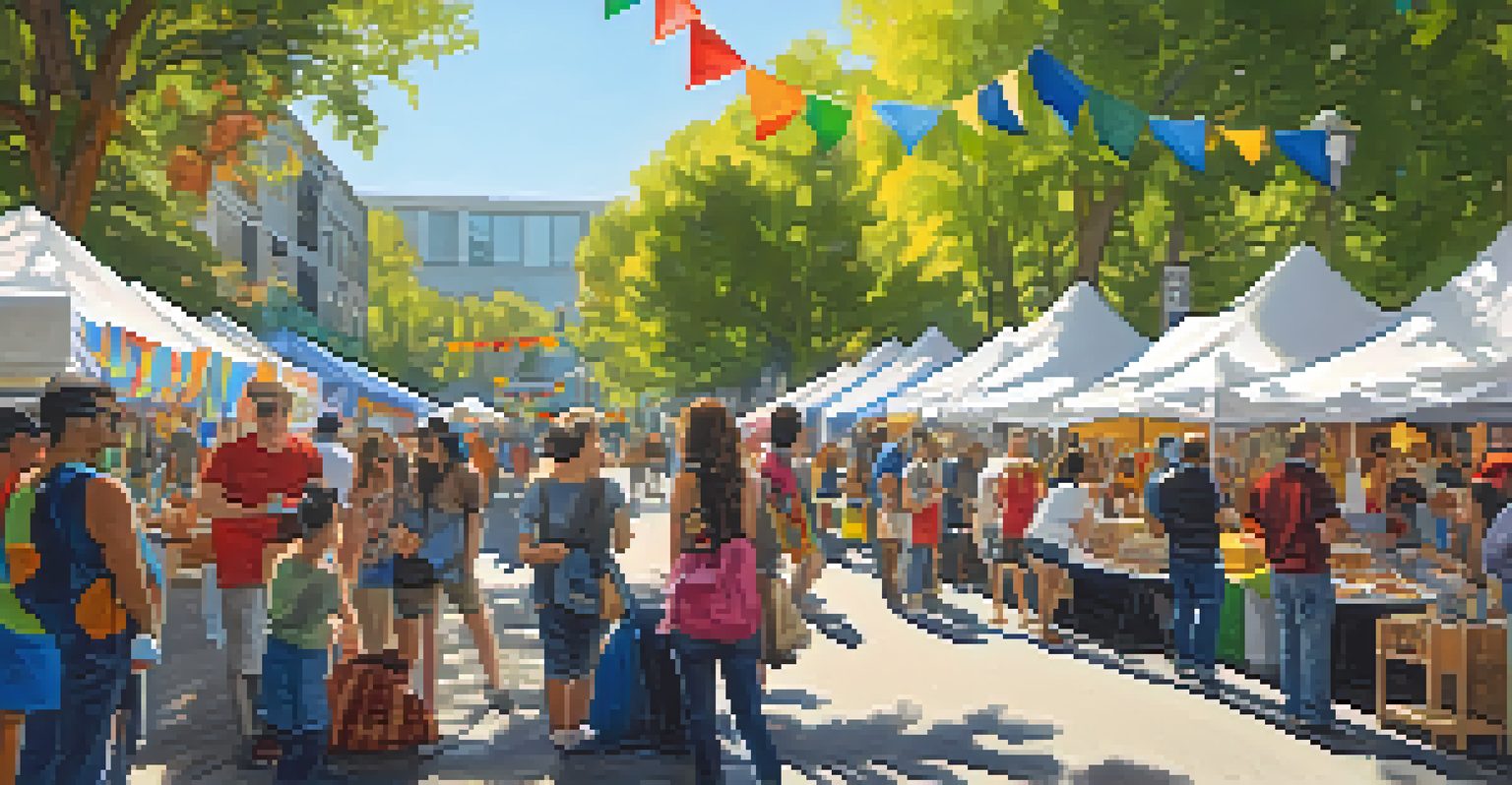 A vibrant outdoor art festival with artists painting, colorful decorations, and people enjoying the atmosphere under a sunny sky.
