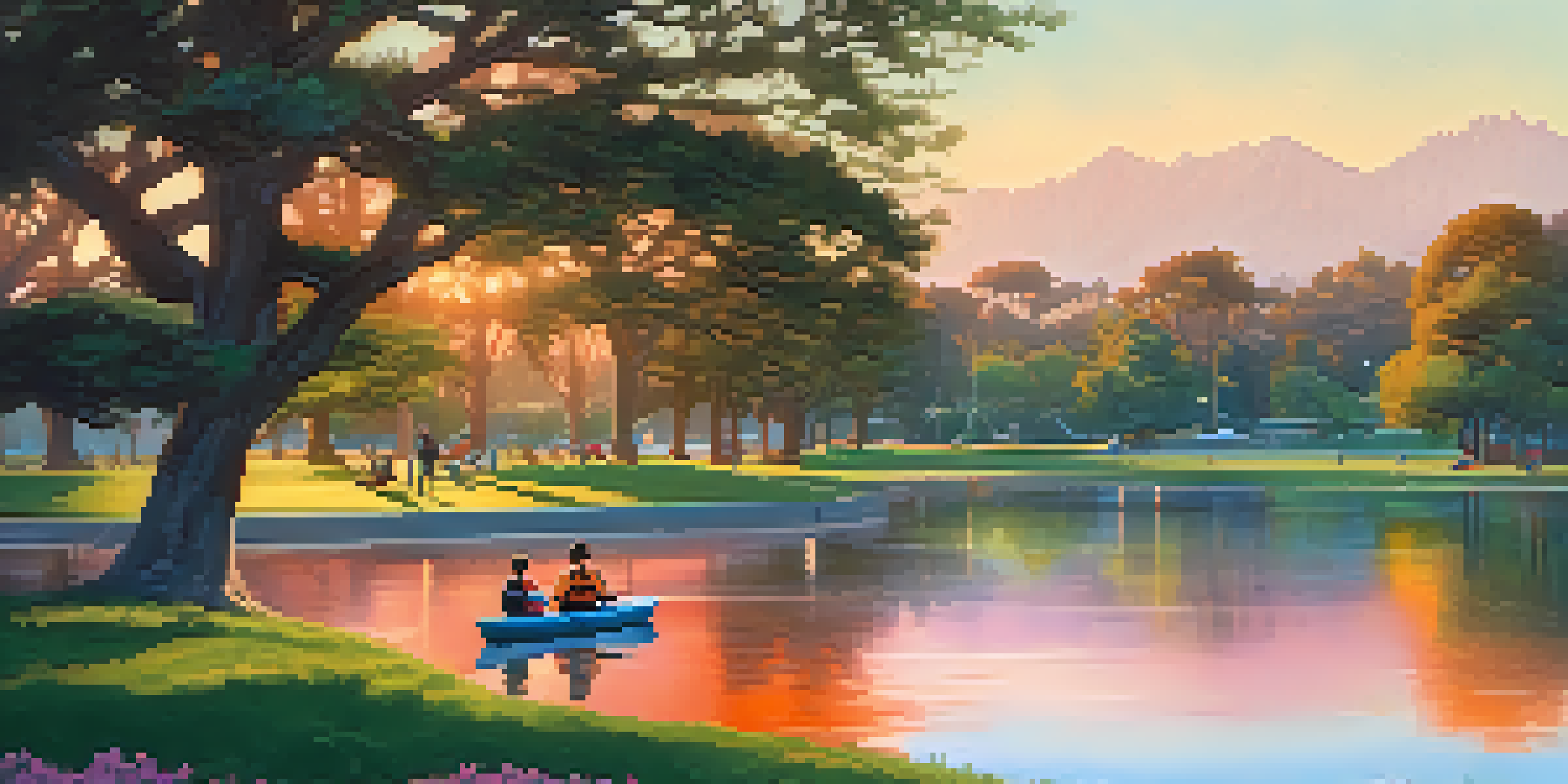 A picturesque sunset view of Redwood Shores Lagoon Park, featuring a family picnic and children playing, with kayakers on the lagoon.
