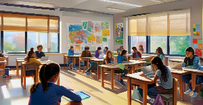Students in a well-lit classroom using laptops and tablets for online learning, with a teacher guiding them at the front.