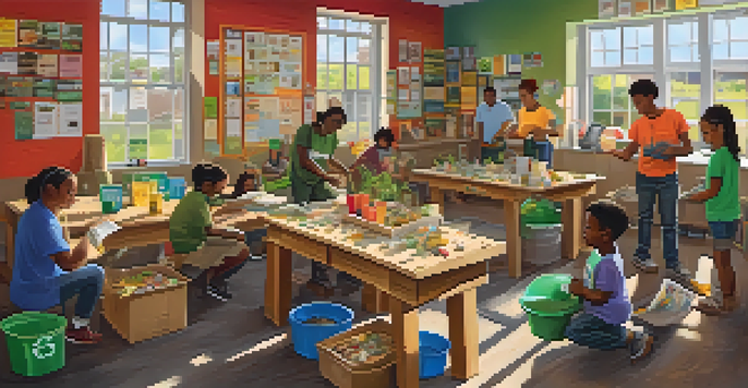A community workshop with diverse residents participating in recycling and composting activities, surrounded by educational materials and natural light.
