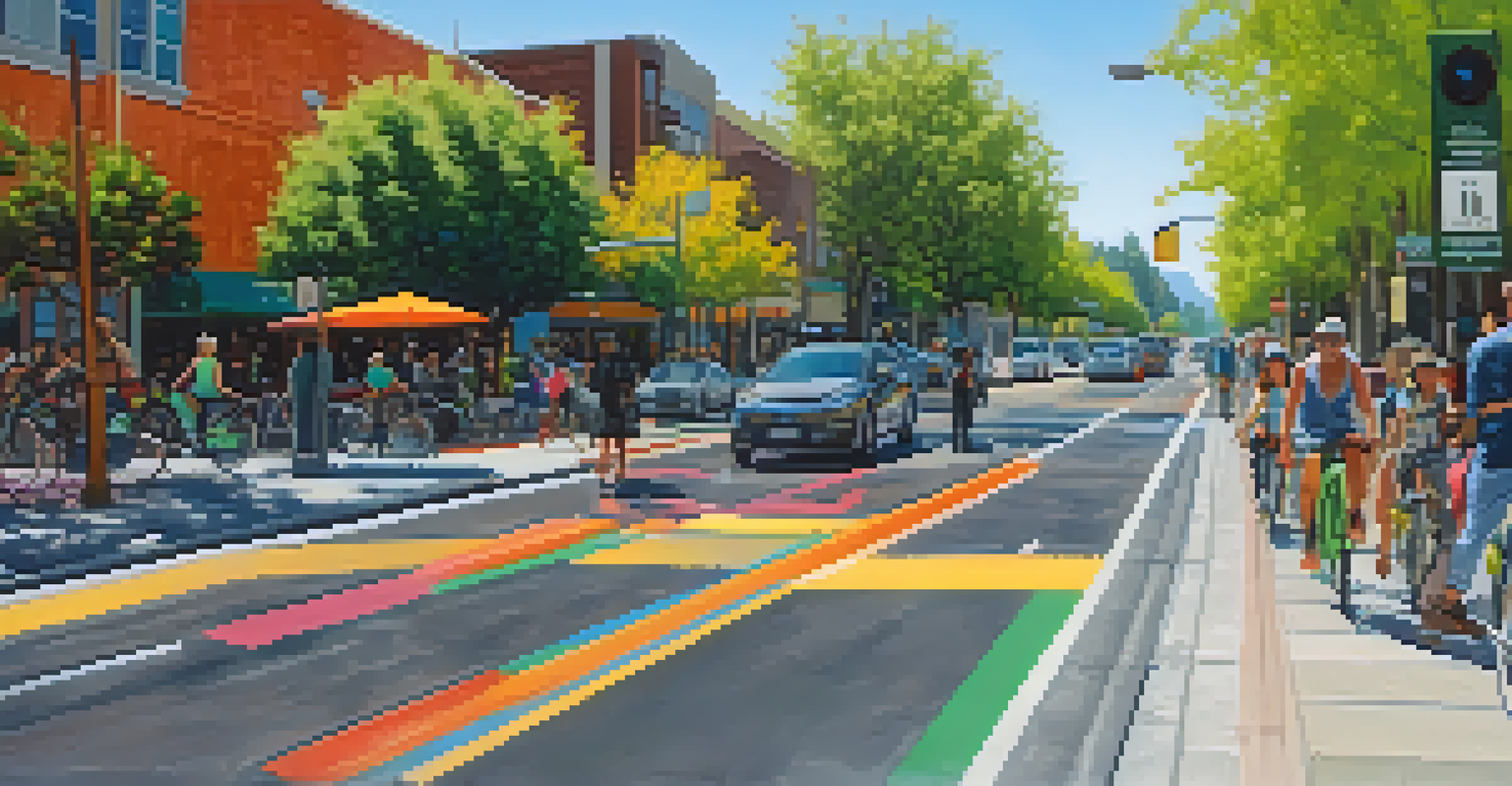 A lively bike lane filled with cyclists and pedestrians in an eco-friendly urban environment.