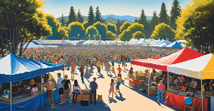 A lively outdoor music festival with people of all ages enjoying the performances, colorful vendor booths, and a festive atmosphere.