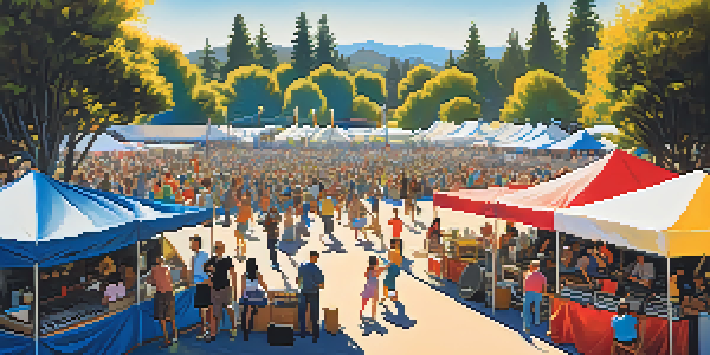 A lively outdoor music festival with people of all ages enjoying the performances, colorful vendor booths, and a festive atmosphere.
