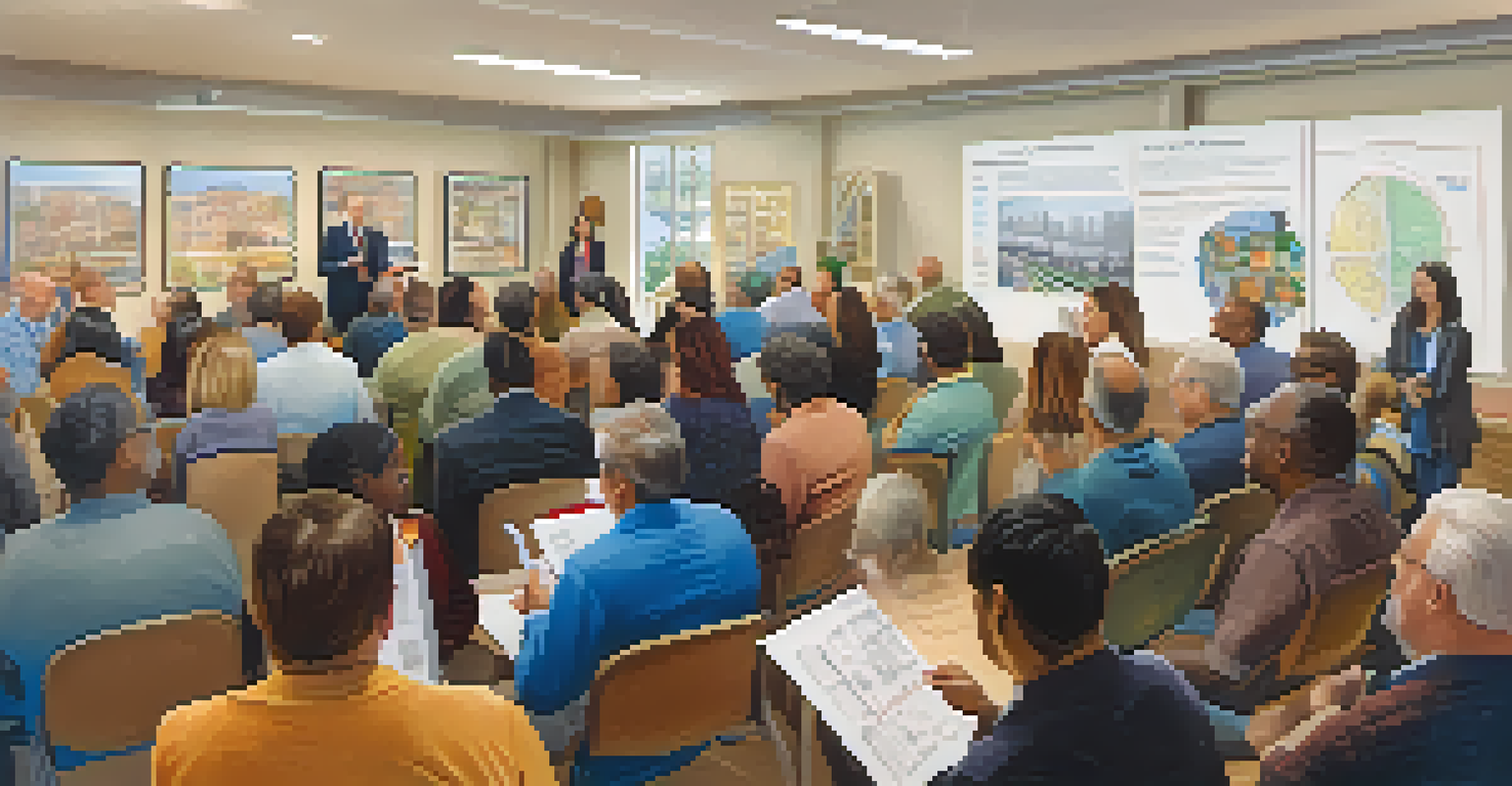 A community meeting in Redwood City with residents discussing housing issues, surrounded by charts and graphs.
