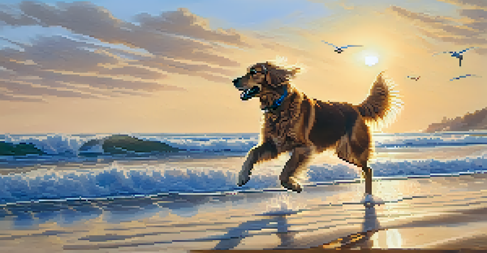 A golden retriever running along a sandy beach at sunrise, with its owner nearby and gentle waves lapping at the shore.