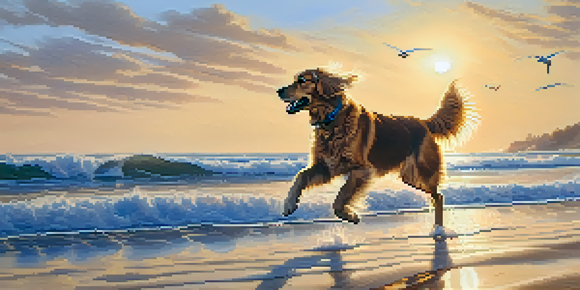 A golden retriever running along a sandy beach at sunrise, with its owner nearby and gentle waves lapping at the shore.