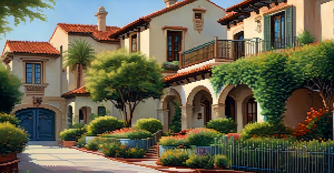 A street view of Mediterranean-style homes in Redwood City, featuring stucco walls, terracotta roofs, and vibrant gardens under warm sunlight.