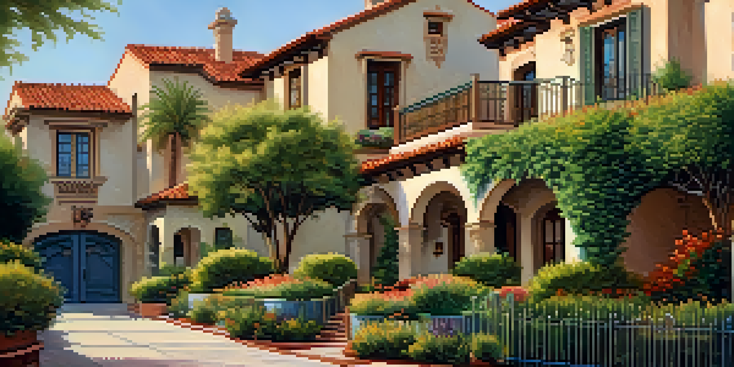 A street view of Mediterranean-style homes in Redwood City, featuring stucco walls, terracotta roofs, and vibrant gardens under warm sunlight.