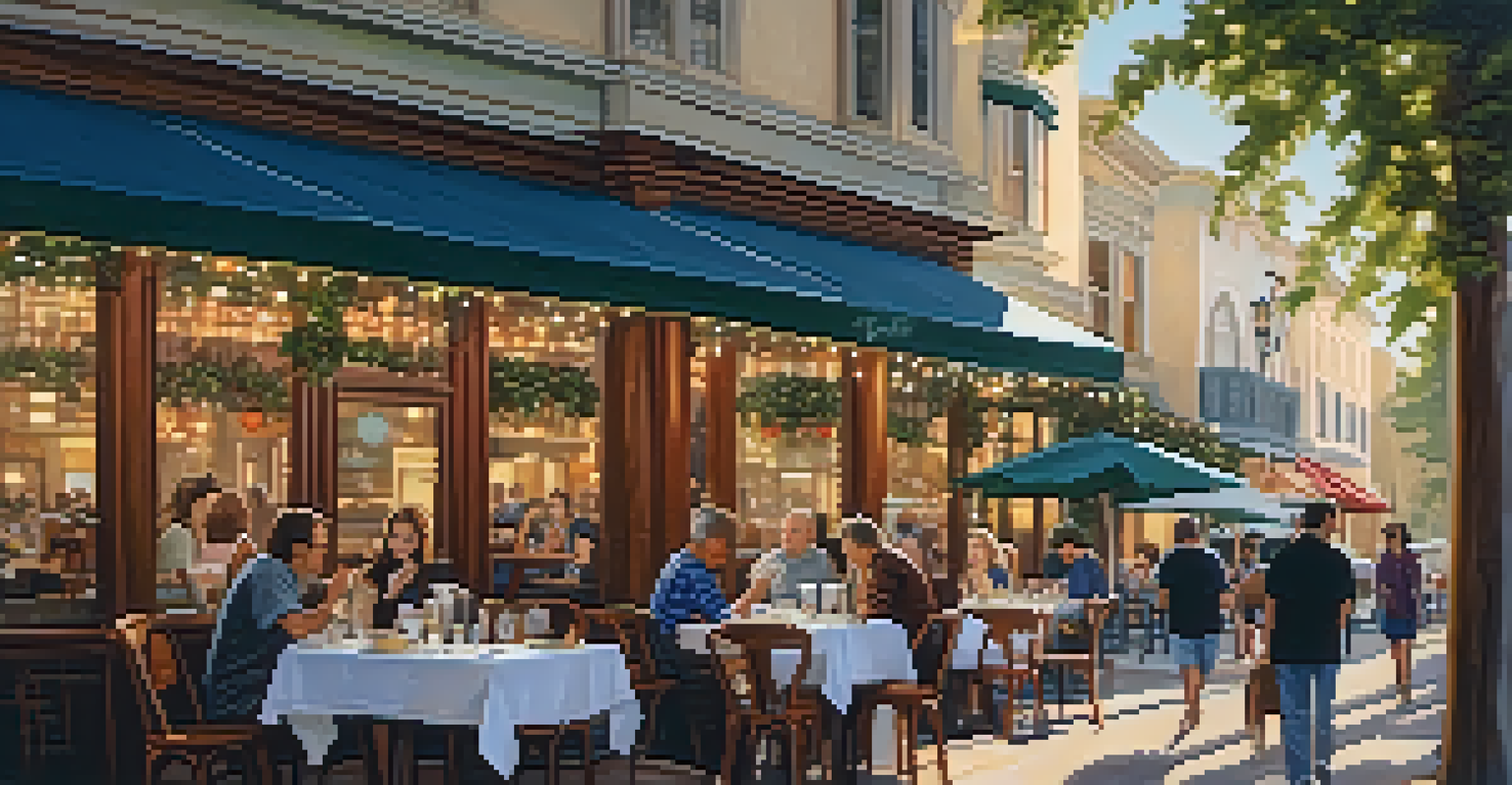 A cozy outdoor dining area at a cafe in Redwood City, with patrons enjoying meals and fairy lights overhead.