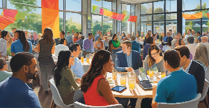 A lively networking event in Redwood City, featuring diverse entrepreneurs talking and exchanging ideas under bright natural light.