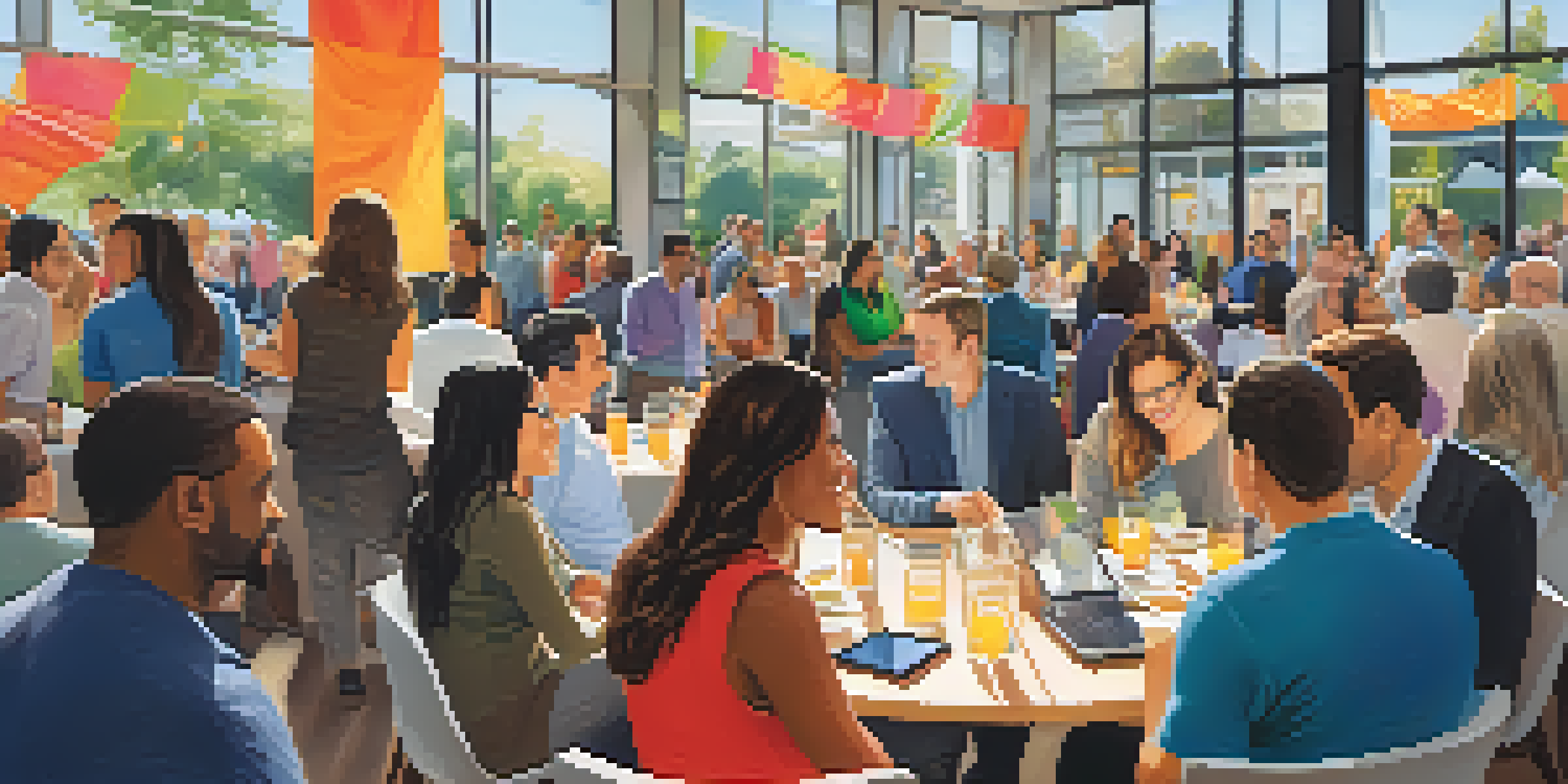 A lively networking event in Redwood City, featuring diverse entrepreneurs talking and exchanging ideas under bright natural light.