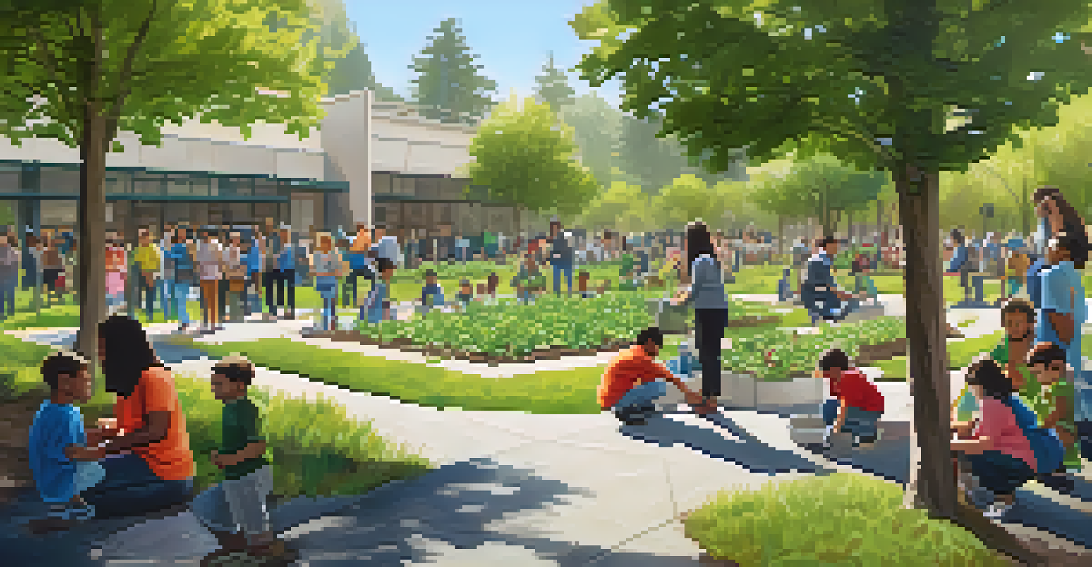 Community members planting young trees together in a sunny urban park.