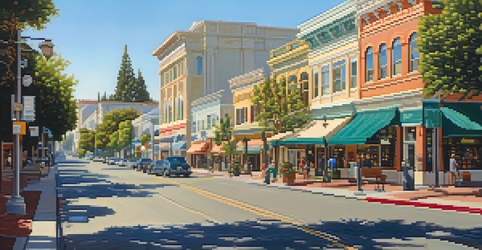 A vibrant downtown scene in Redwood City with Victorian architecture and bustling activity under a clear blue sky.