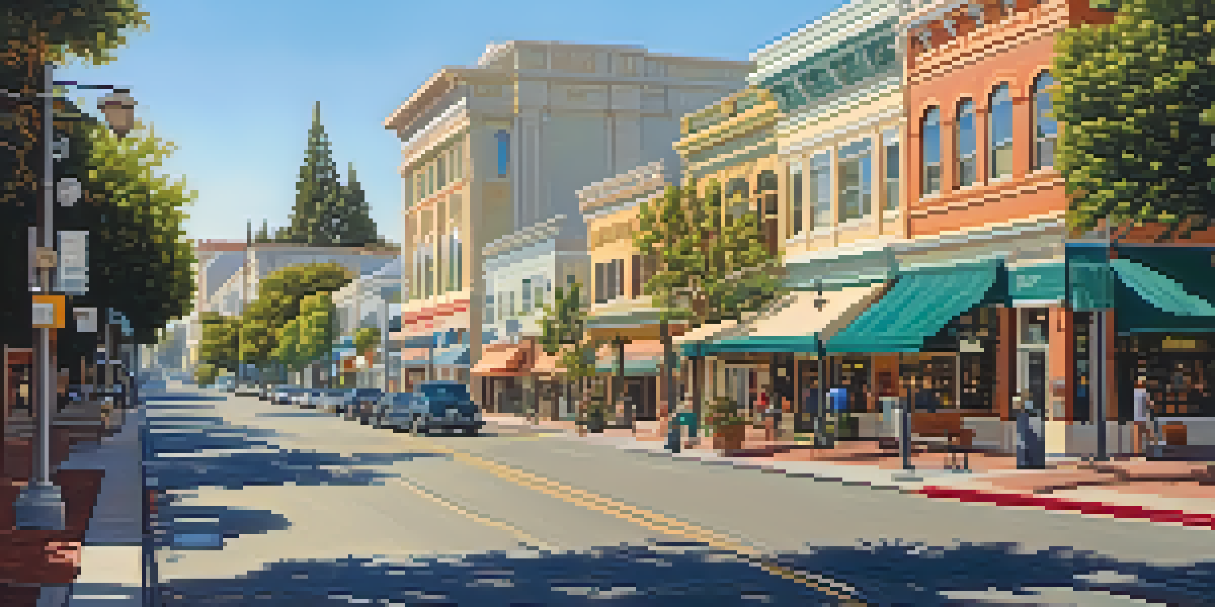 A vibrant downtown scene in Redwood City with Victorian architecture and bustling activity under a clear blue sky.