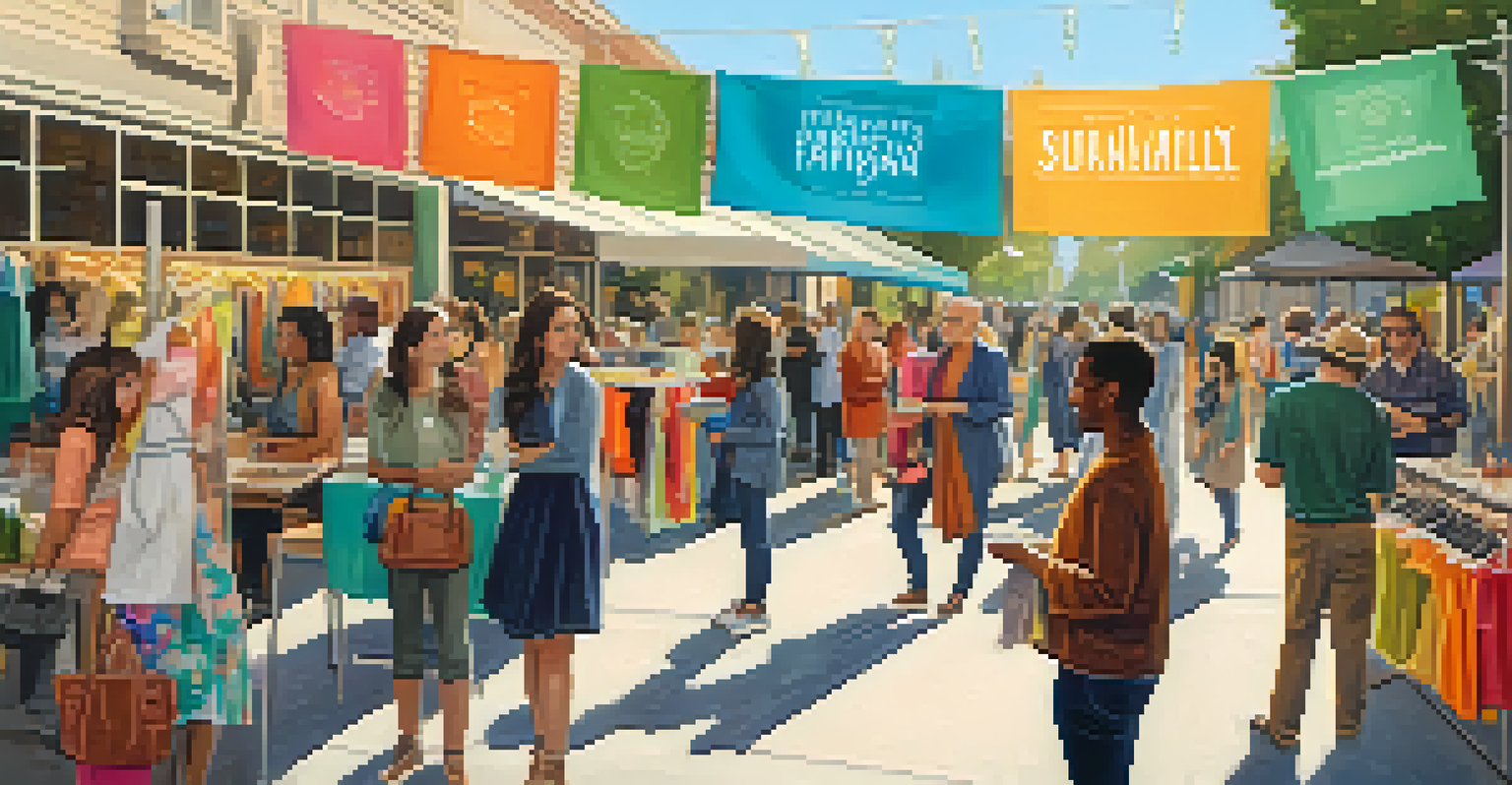 Community event showcasing sustainable fashion with shoppers and colorful booths in a lively atmosphere.