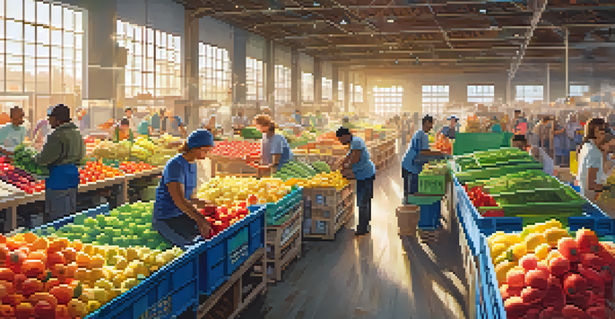Volunteers sorting food in a bright warehouse, smiling and working together to provide meals for families.