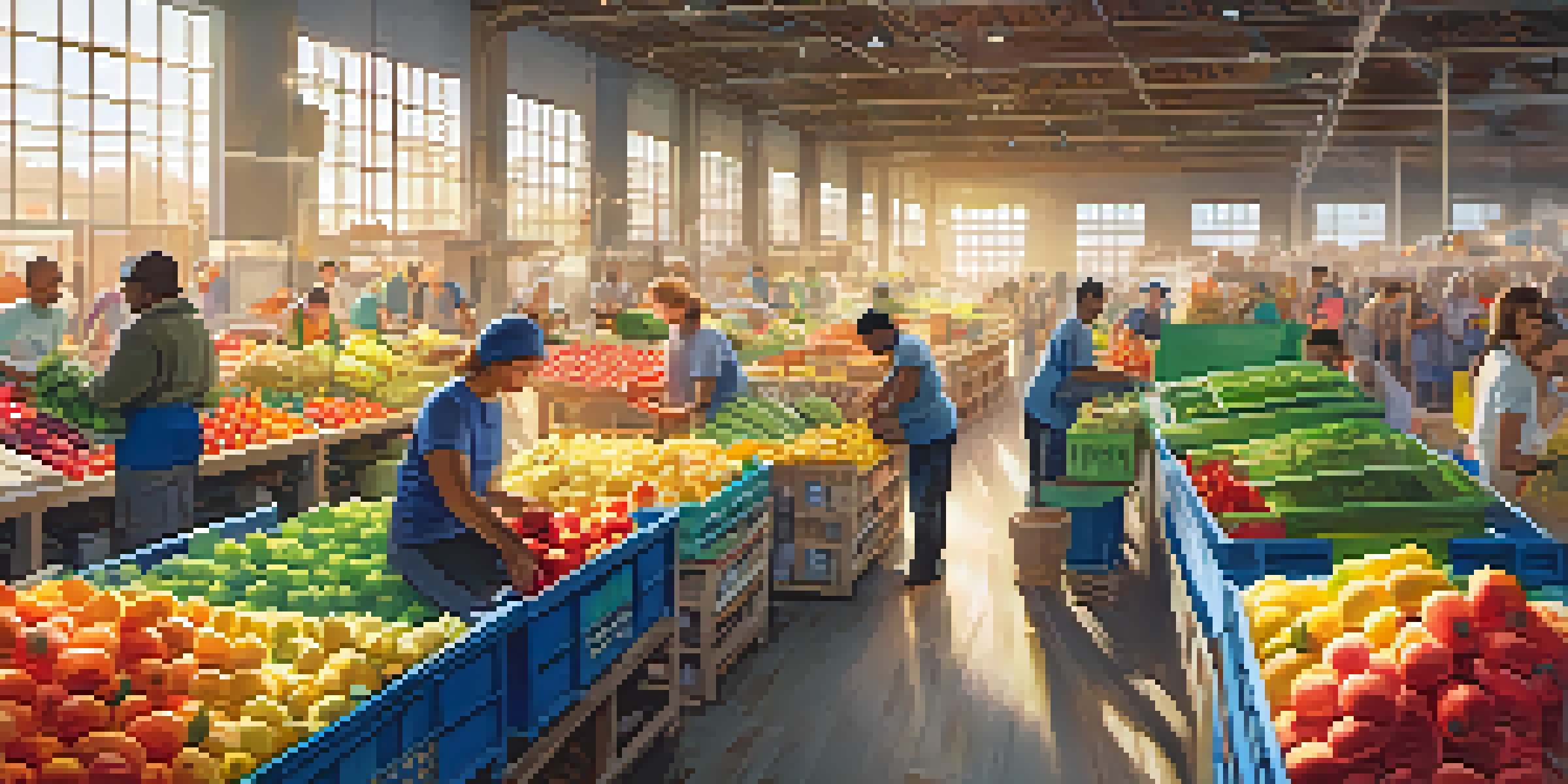 Volunteers sorting food in a bright warehouse, smiling and working together to provide meals for families.