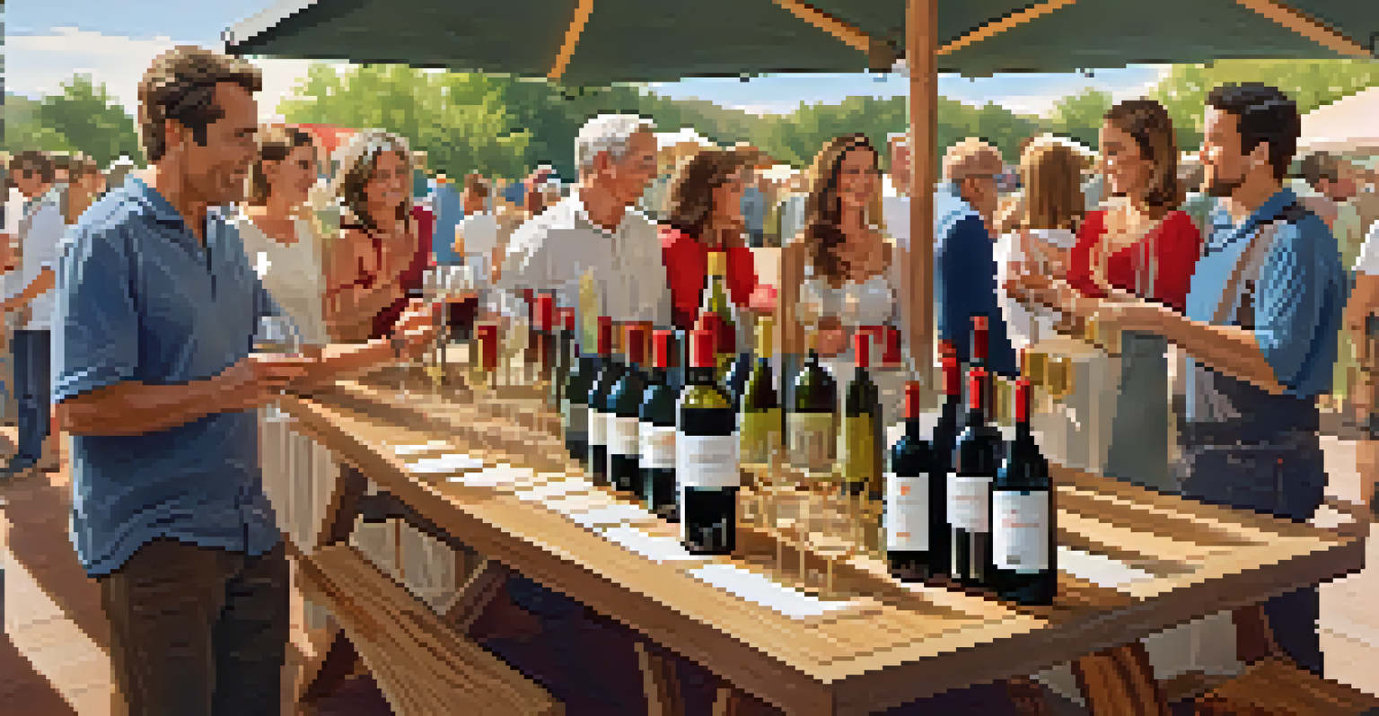 A wine tasting booth at the Redwood City Art and Wine Festival, with glasses of wine and a vintner engaging with visitors.