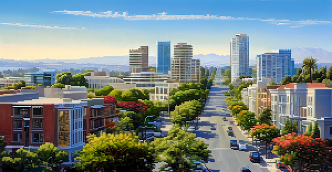 A picturesque view of Redwood City highlighting the mix of modern architecture and green parks under a blue sky.