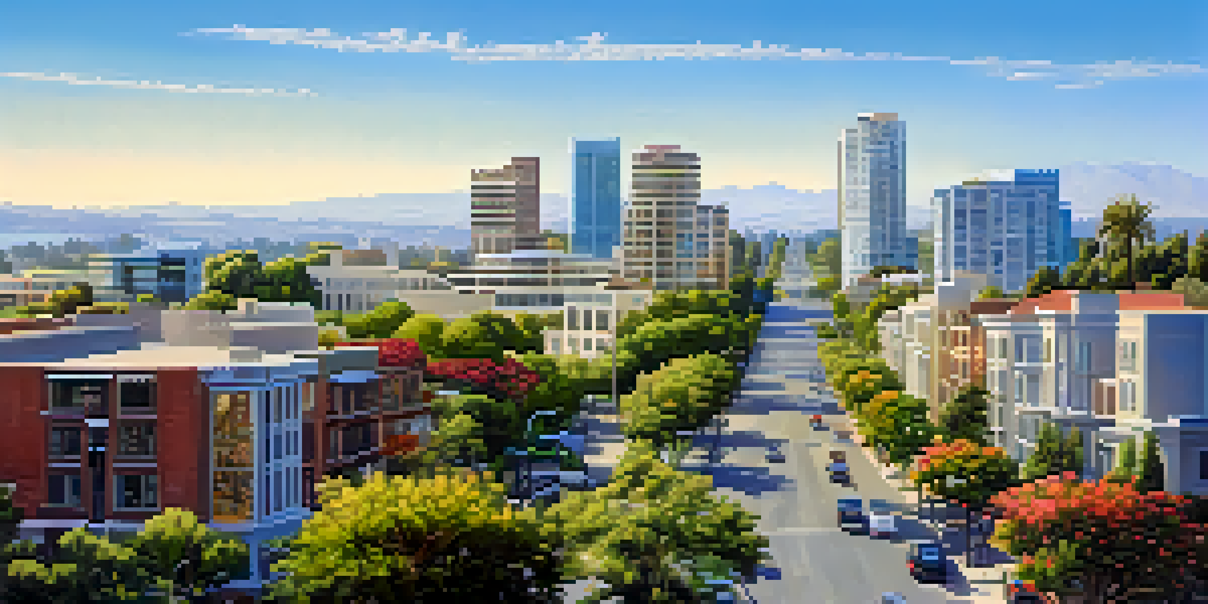 A picturesque view of Redwood City highlighting the mix of modern architecture and green parks under a blue sky.