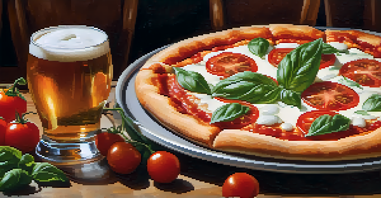 A close-up of a Margherita pizza and a lager beer, highlighting fresh ingredients and vibrant colors.