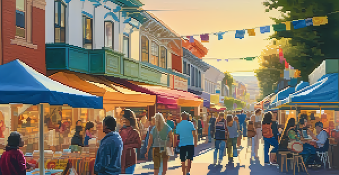 A lively street scene during an art walk, showcasing local artists and attendees enjoying the vibrant atmosphere with colorful murals in the background.