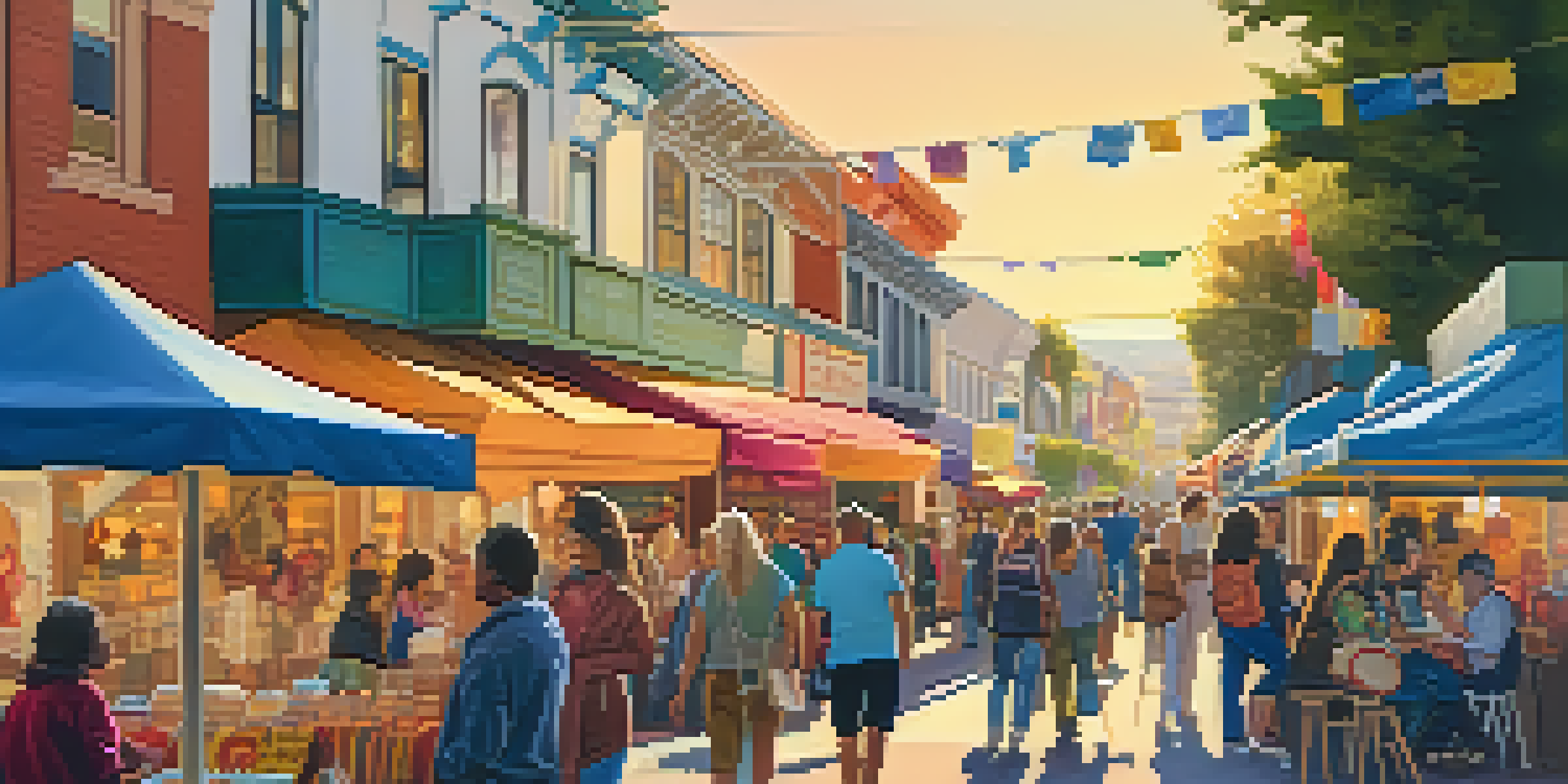 A lively street scene during an art walk, showcasing local artists and attendees enjoying the vibrant atmosphere with colorful murals in the background.